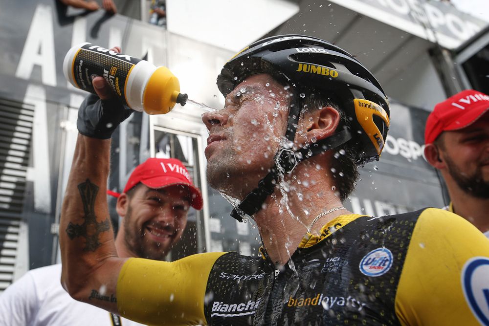 Primoz Roglic cools off after winning stage 19 at the Tour de France