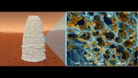 a visualization showing a possible yeast habitat that looks like a conical structure on Mars. On the right, a close up of the material's structure in a microscopic view.
