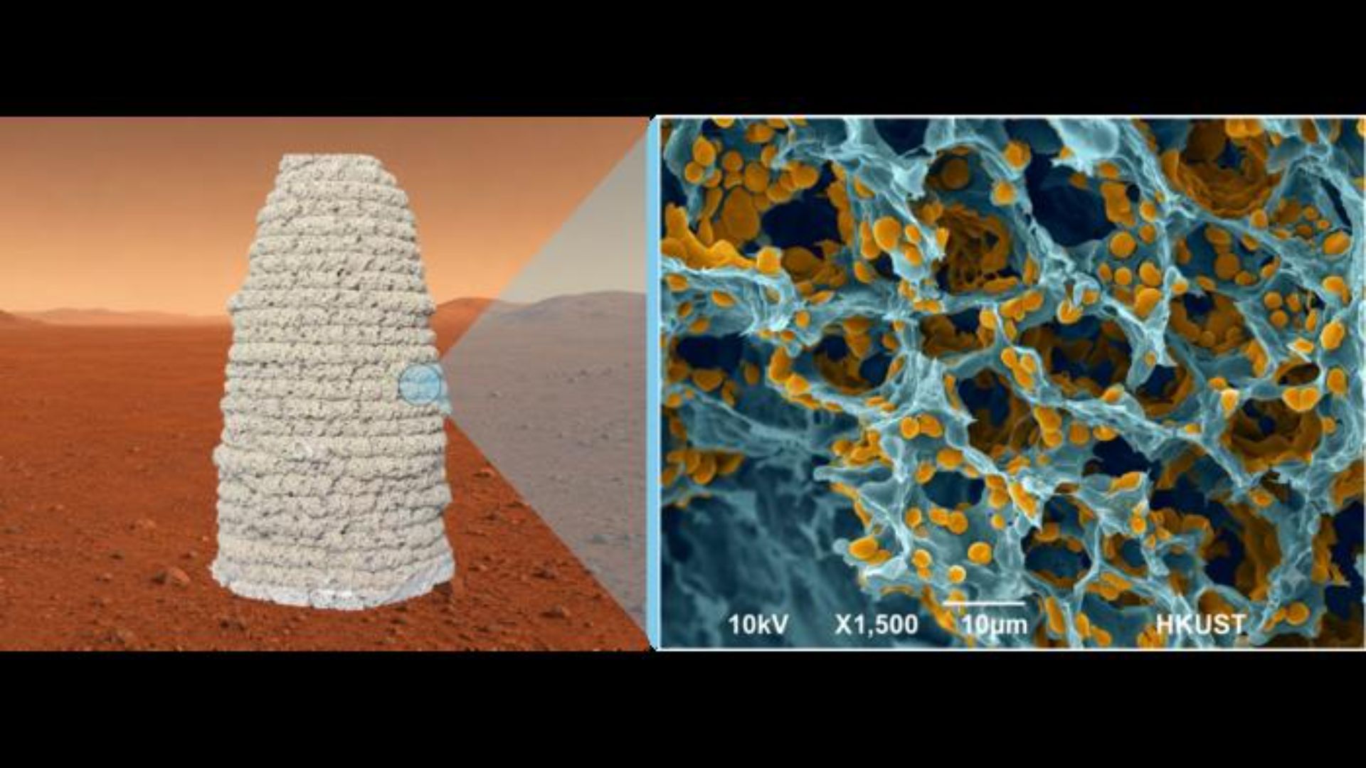 a visualization showing a possible yeast habitat that looks like a conical structure on Mars. On the right, a close up of the material's structure in a microscopic view.
