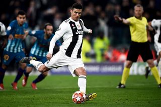 Cristiano Ronaldo of Juventus FC scores a goal on penalty kick during UEFA Champions League Round of 16 second leg football match between Juventus FC and Club Atletico de Madrid. Juventus FC won 3-0 over Club Atletico de Madrid.