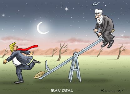 Political cartoon U.S. Trump Iran nuclear deal Hassan Rouhani