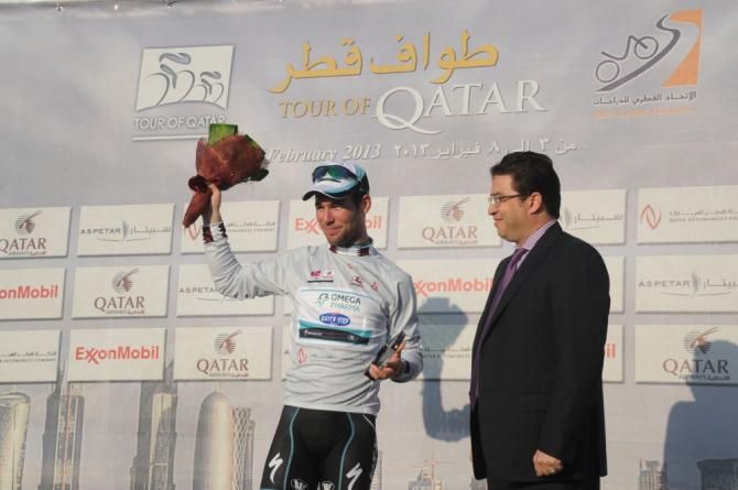 Mark Cavendish wears the points jersey in Qatar