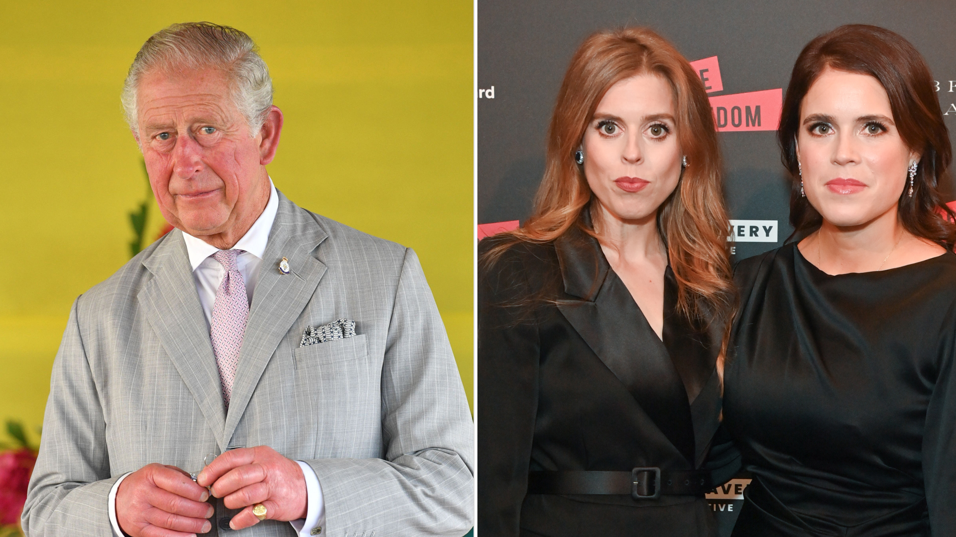 King Charles wears a gray suit and looks pensive, Princess Beatrice and Princess Eugenie pose on the red carpet