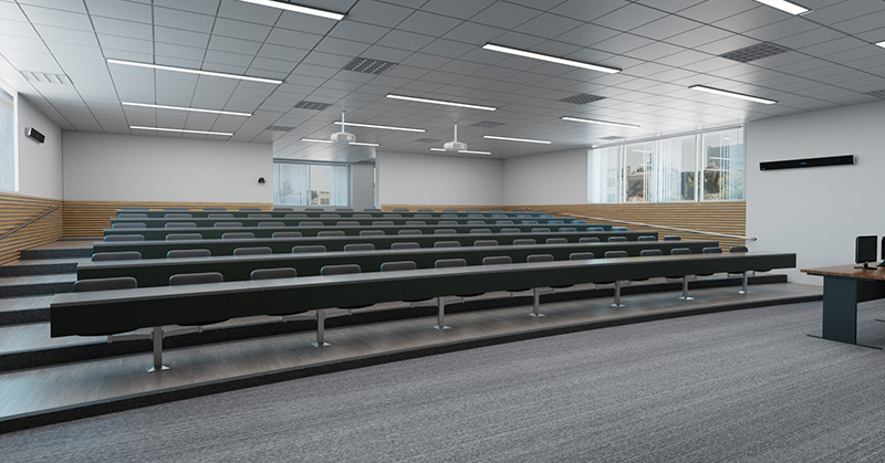 A large educational space with empty seats ready for high-quality audio with the new Nureva HDL410 system.