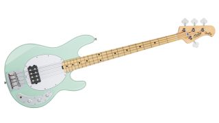 A Sterling by Music Man StingRay RAY4 in mint green on a white background