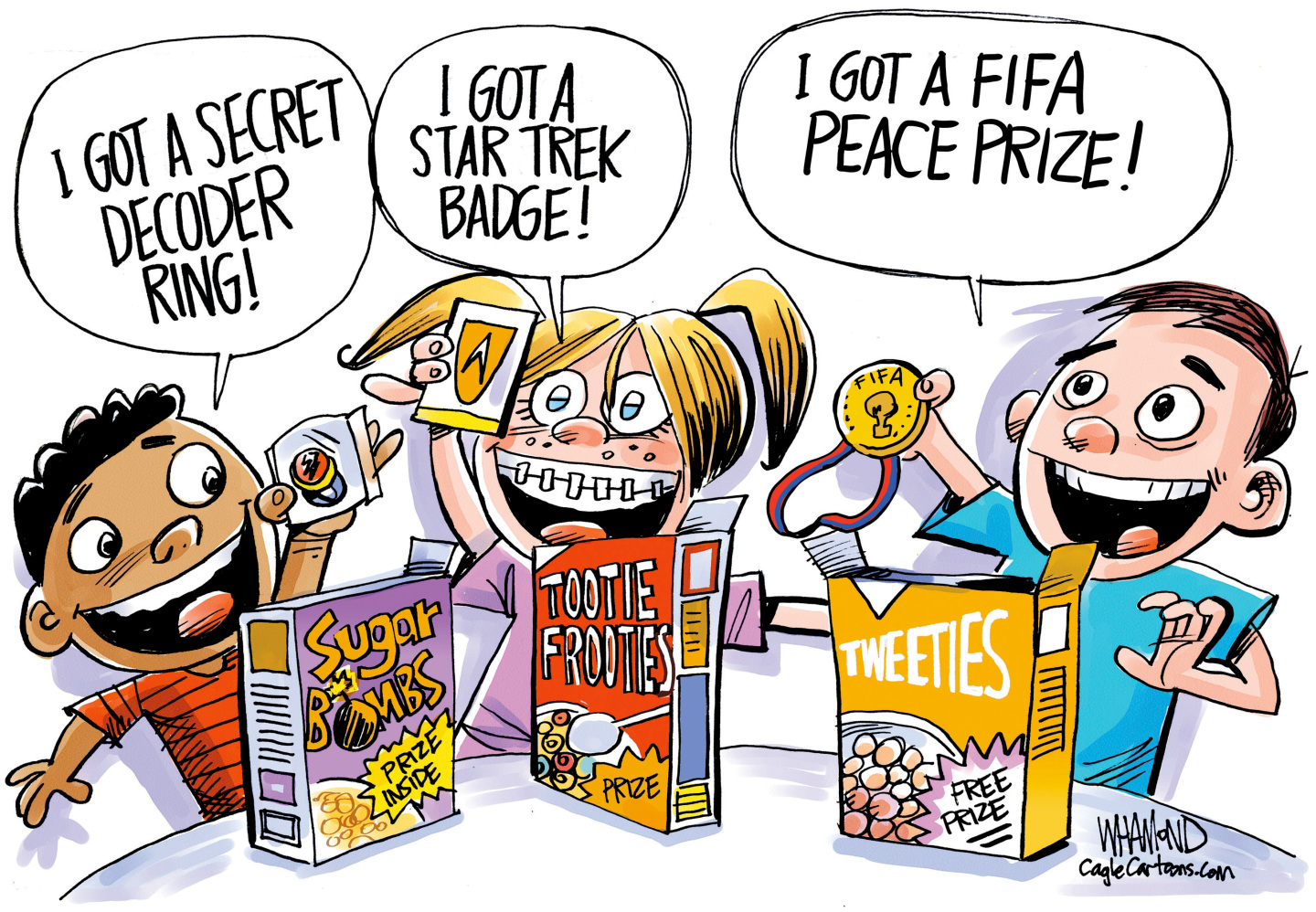From left, a young boy, a young girl, and another young boy pull prizes from boxes of cereal. The first boy says, &amp;ldquo;I got a secret decoder ring!&amp;rdquo; The girl says, &amp;ldquo;I got a Star Trek badge!&amp;rdquo; The final boy says, &amp;ldquo;I got a FIFA peace prize!&amp;rdquo;