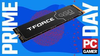 a Team group t-force g50 ssd sitting in a pc gamer prime day background