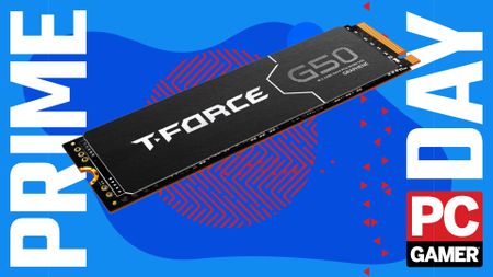 a Team group t-force g50 ssd sitting in a pc gamer prime day background