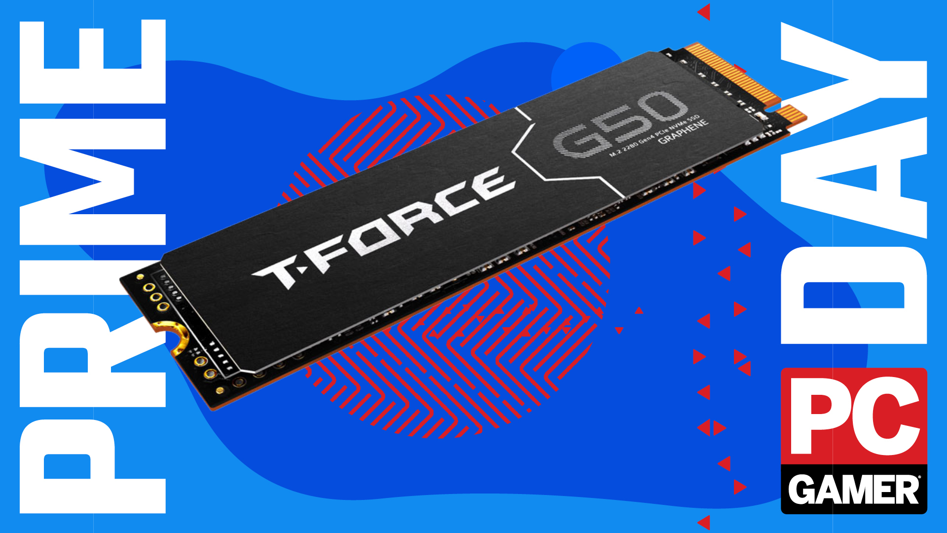 a Team group t-force g50 ssd sitting in a pc gamer prime day background