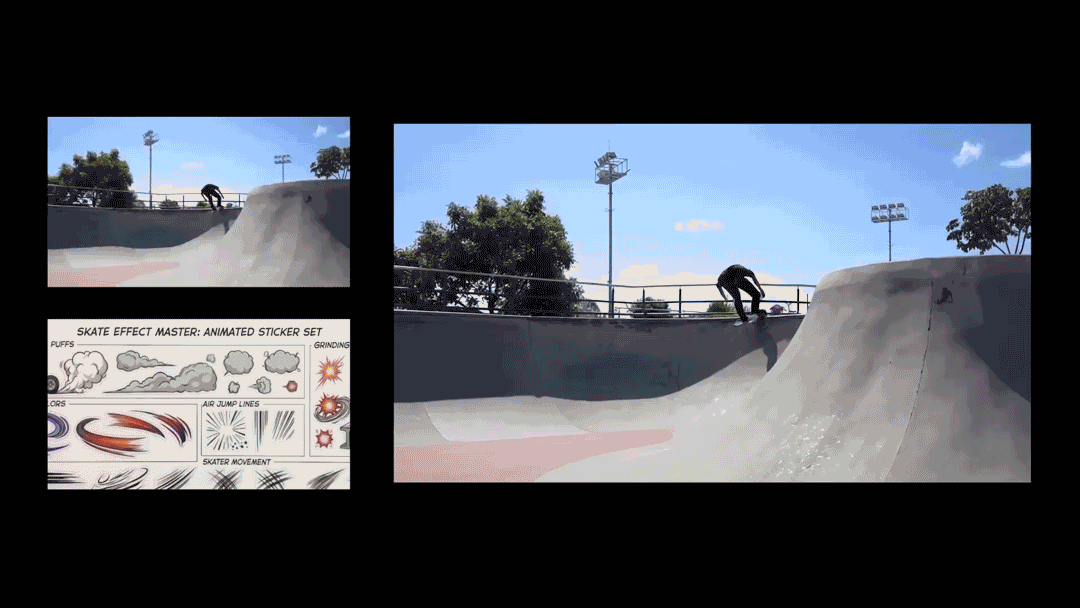 A clip showing how to combine skater videos and stickers to create a cartoon-like moving video