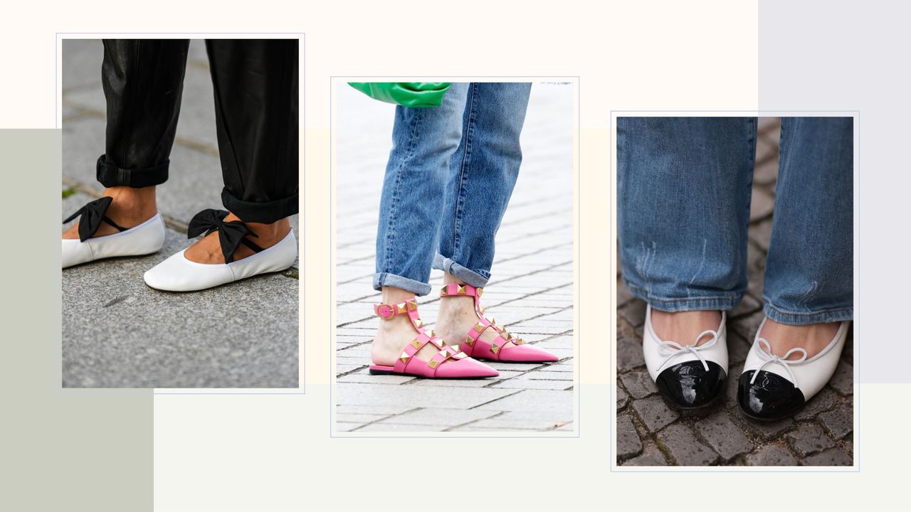 Three women wearing dressy flats in street style shots