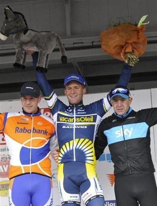 Rick Flens (Rabobank), Bobbie Traksel (Vacansoleil), Ian Stannard (Team Sky) on the podium