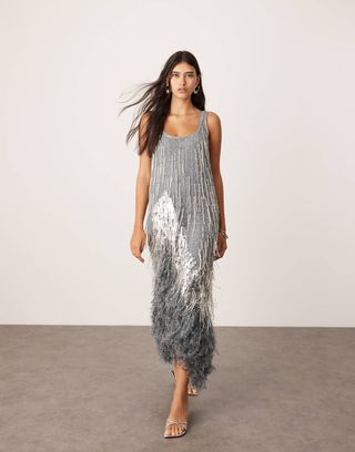 Asos Edition Scoop Neck Embellished Tassel Midi Dress With Faux Feather Hem in Silver Grey