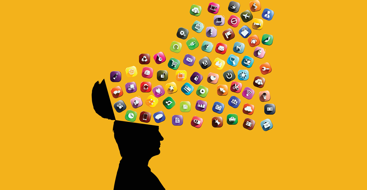 An illustration of a man&#039;s silhouette and the top of his head is open like a lid as a slew of app icons float out into the air. The illustration is on a flat orange background.