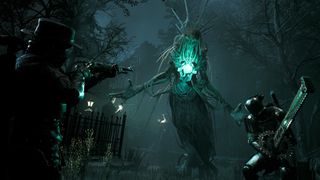 New games 2023 — In Remnant 2, a pair of player characters face a faceless, ghoulish enemy creature in a gothic graveyard.