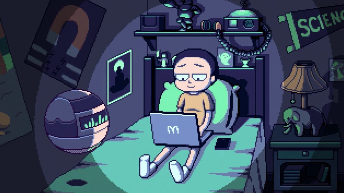 A still from the animated series Ambient Swim featuring Morty Smith in bed looking at a laptop.