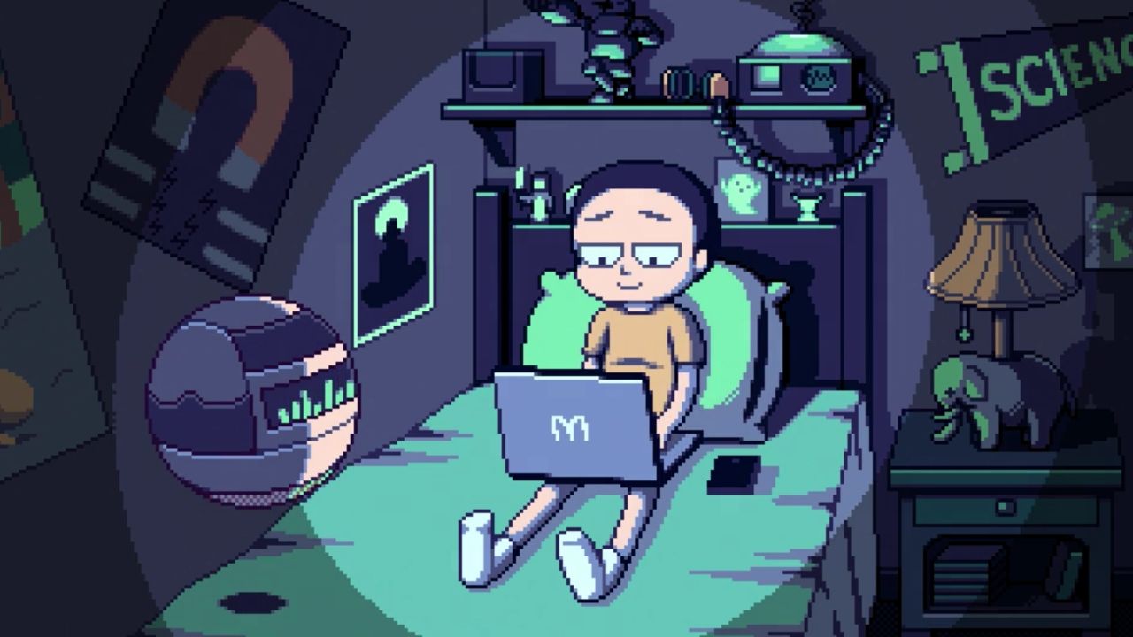 A still from the animated series Ambient Swim featuring Morty Smith in bed looking at a laptop.