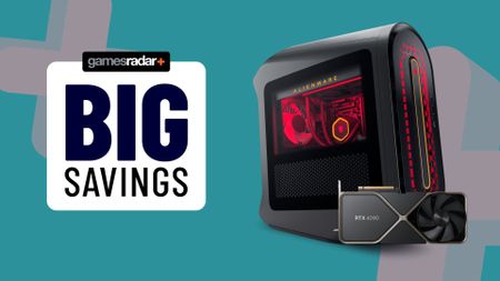 Alienware Aurora R15 next to RTX 4090 and badge on left that reads "big savings"