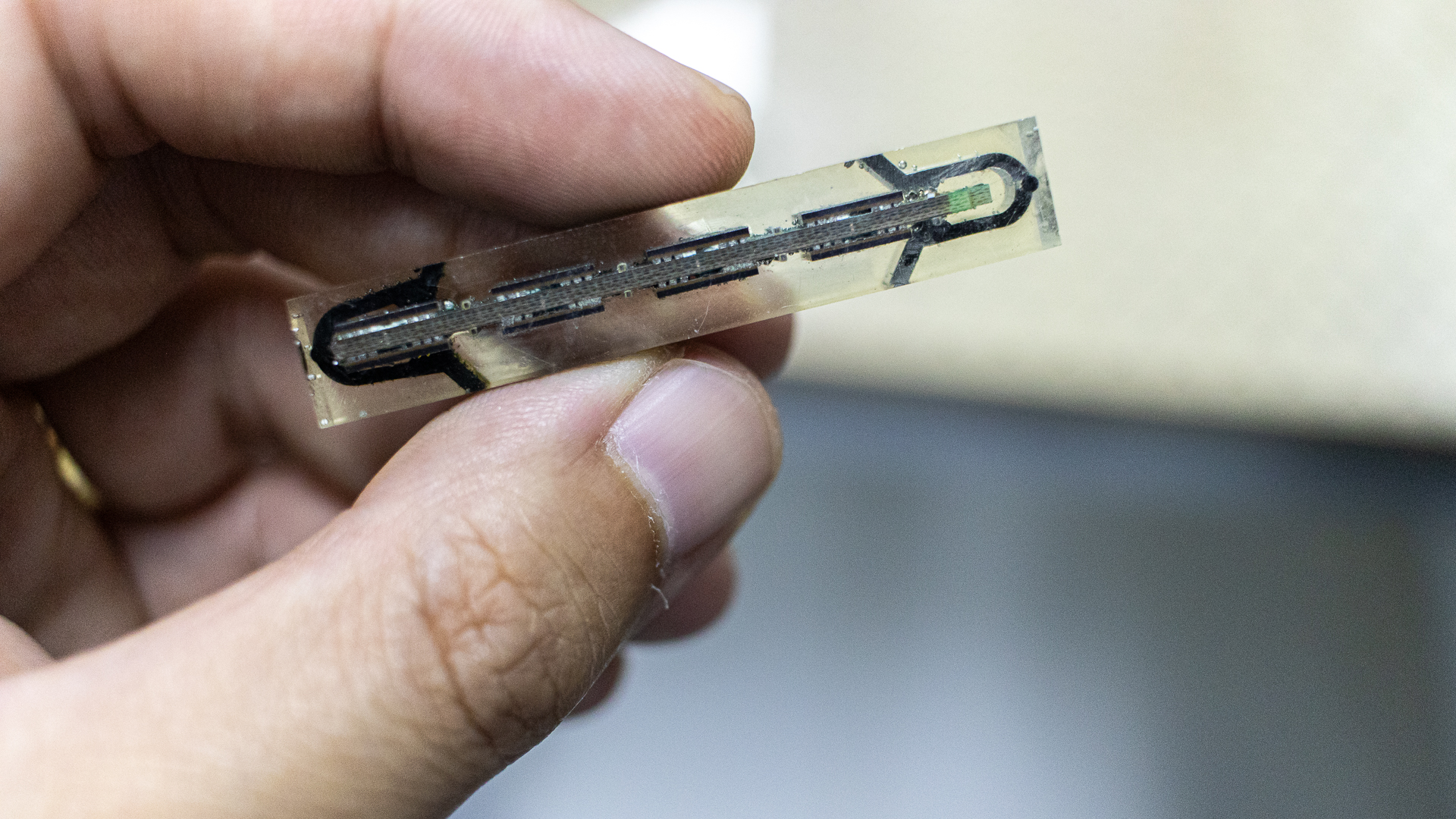 A cross-sectioned chip ready for inspection