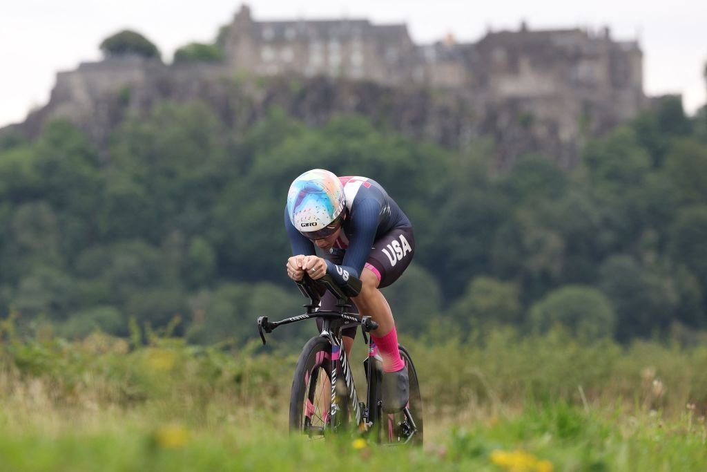 US rider Chloe Dygert takes part in the womens Individual Time Trial in Stirling during the UCI Cycling World Championships in Scotland on August 10 2023 Photo by Adrian DENNIS AFP Photo by ADRIAN DENNISAFP via Getty Images