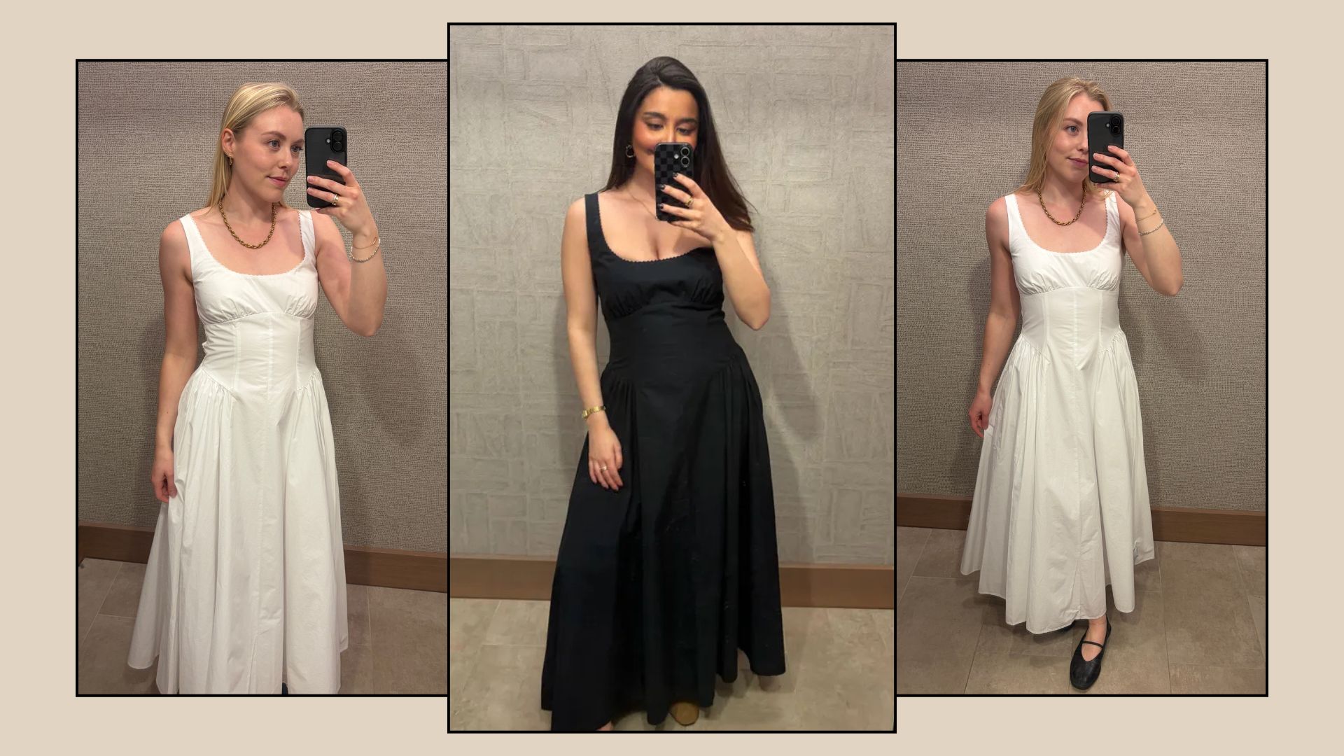 Two women wear the Abercrombie Dylan Bra-Free Midi Dress