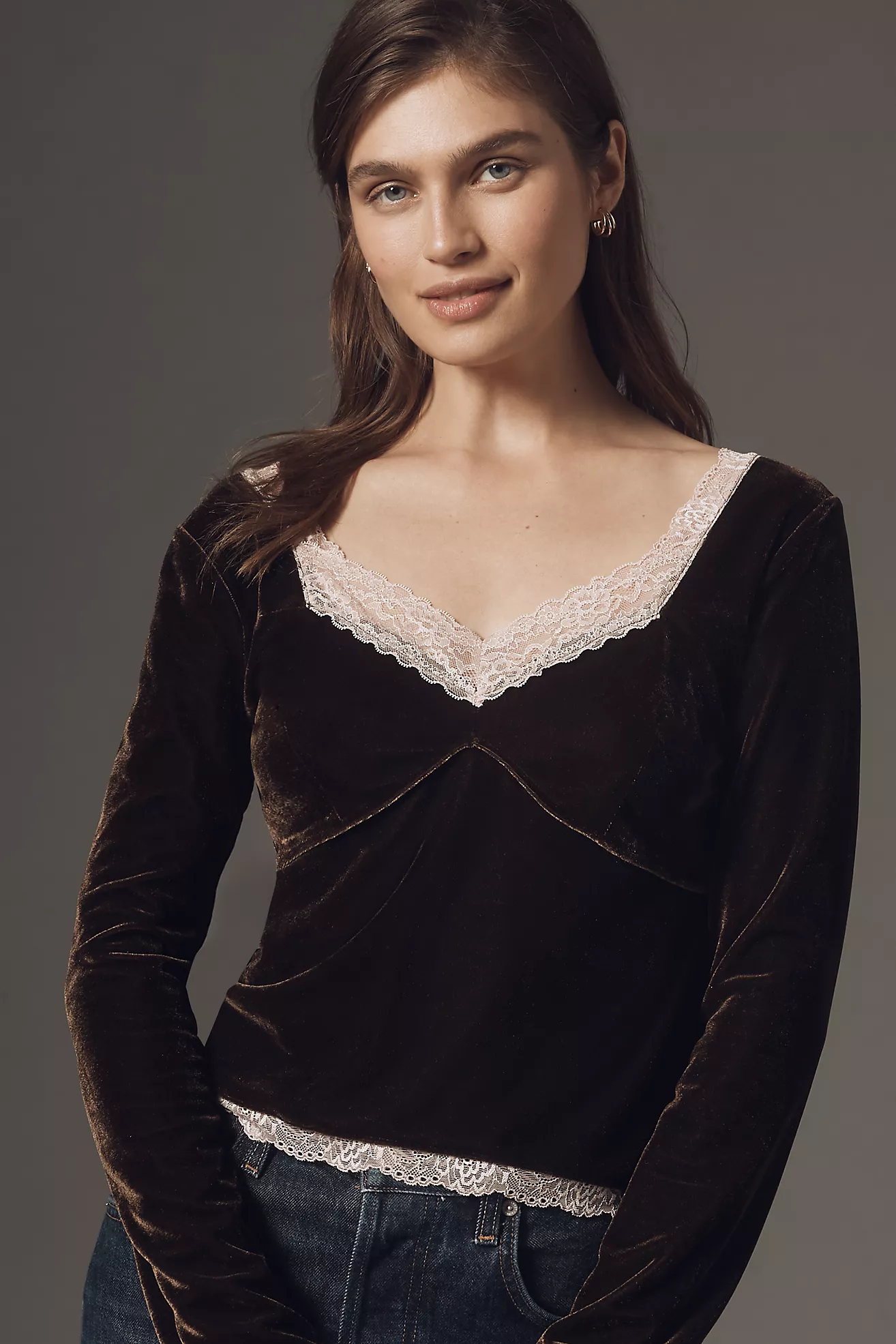 By Anthropologie Velvet Lace V-Neck Top