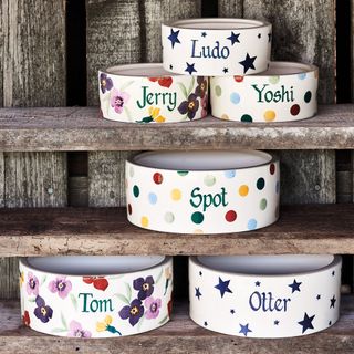 printed white pet bowls on wooden shelves