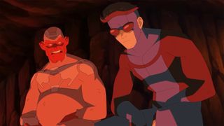 Damien Darkblood looking at Mark Grayson as they're lit by a campfire in Invincible season 4 episode 4