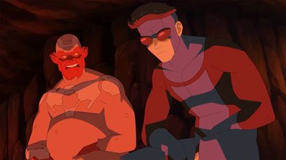 Damien Darkblood looking at Mark Grayson as they're lit by a campfire in Invincible season 4 episode 4