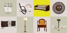 a collage of art deco furniture include a glass vase, console, armchair, floor lamp with built-in table, sofa, dining chair, and geometric glass pendant light