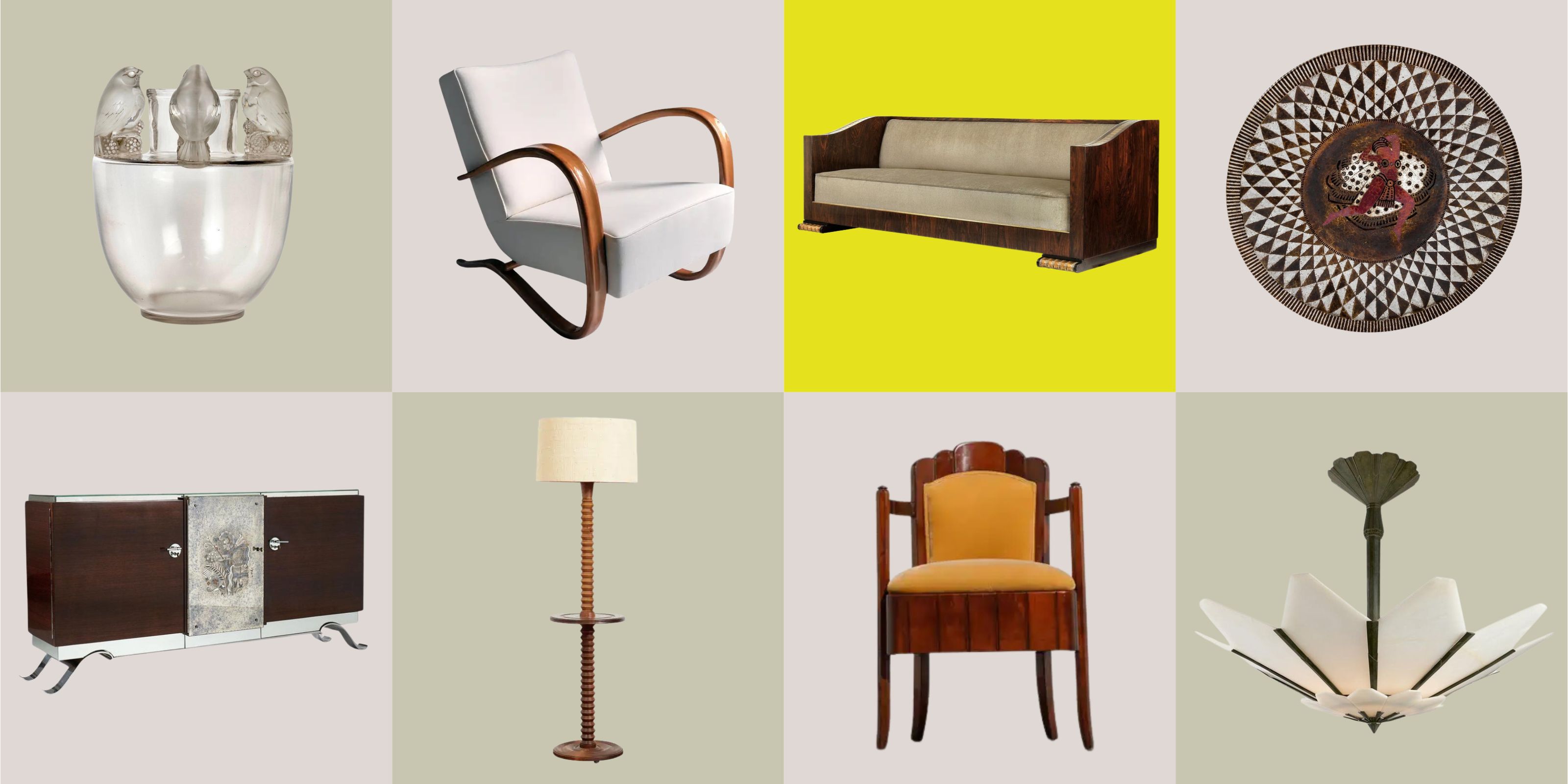 a collage of art deco furniture include a glass vase, console, armchair, floor lamp with built-in table, sofa, dining chair, and geometric glass pendant light