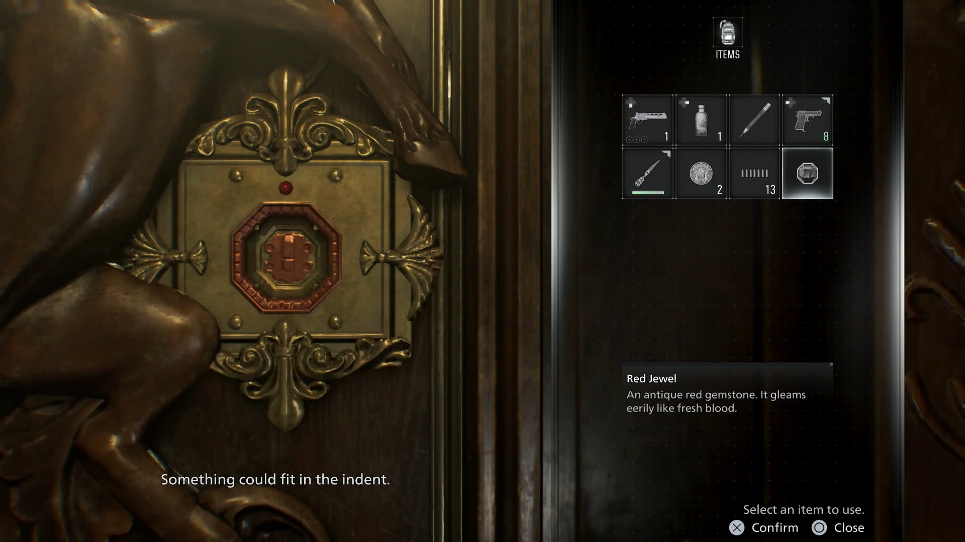 Resident Evil Requiem unicorn door lock showing a red jewel in the inventory