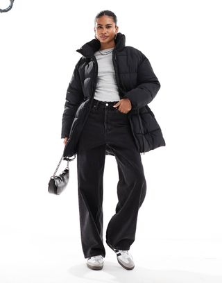 Monki Padded Coat With Drawstring Waist in Black