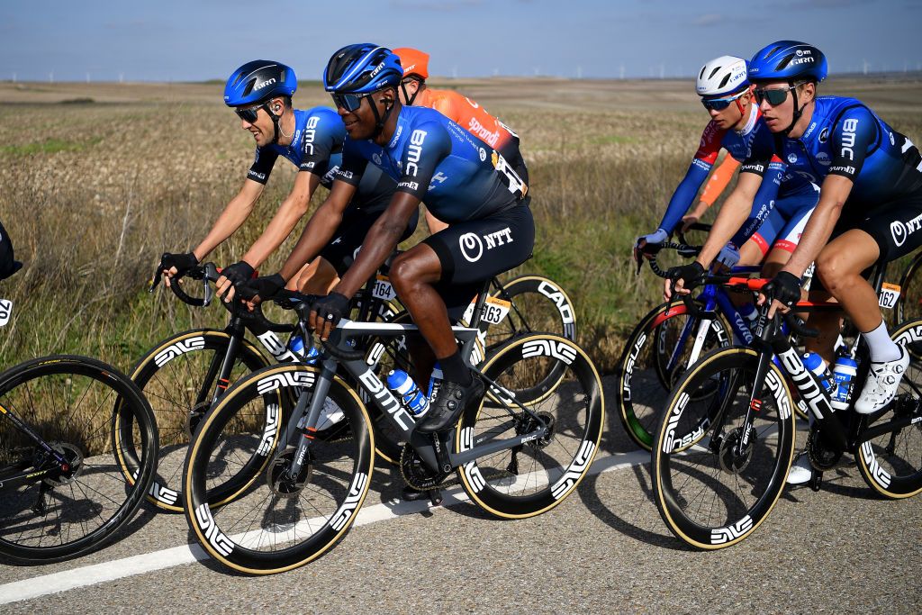 AGUILAR DE CAMPOO SPAIN OCTOBER 29 Ben Dyball of Australia and NTT Pro Cycling Team Nicholas Dlamini of South Africa and NTT Pro Cycling Team Stefan De Bod of South Africa and NTT Pro Cycling Team Peloton during the 75th Tour of Spain 2020 Stage 9 a 1577km stage from Cid Campeador Military Base Castrillo del Val to Aguilar de Campoo lavuelta LaVuelta20 on October 29 2020 in Aguilar de Campoo Spain Photo by Justin SetterfieldGetty Images