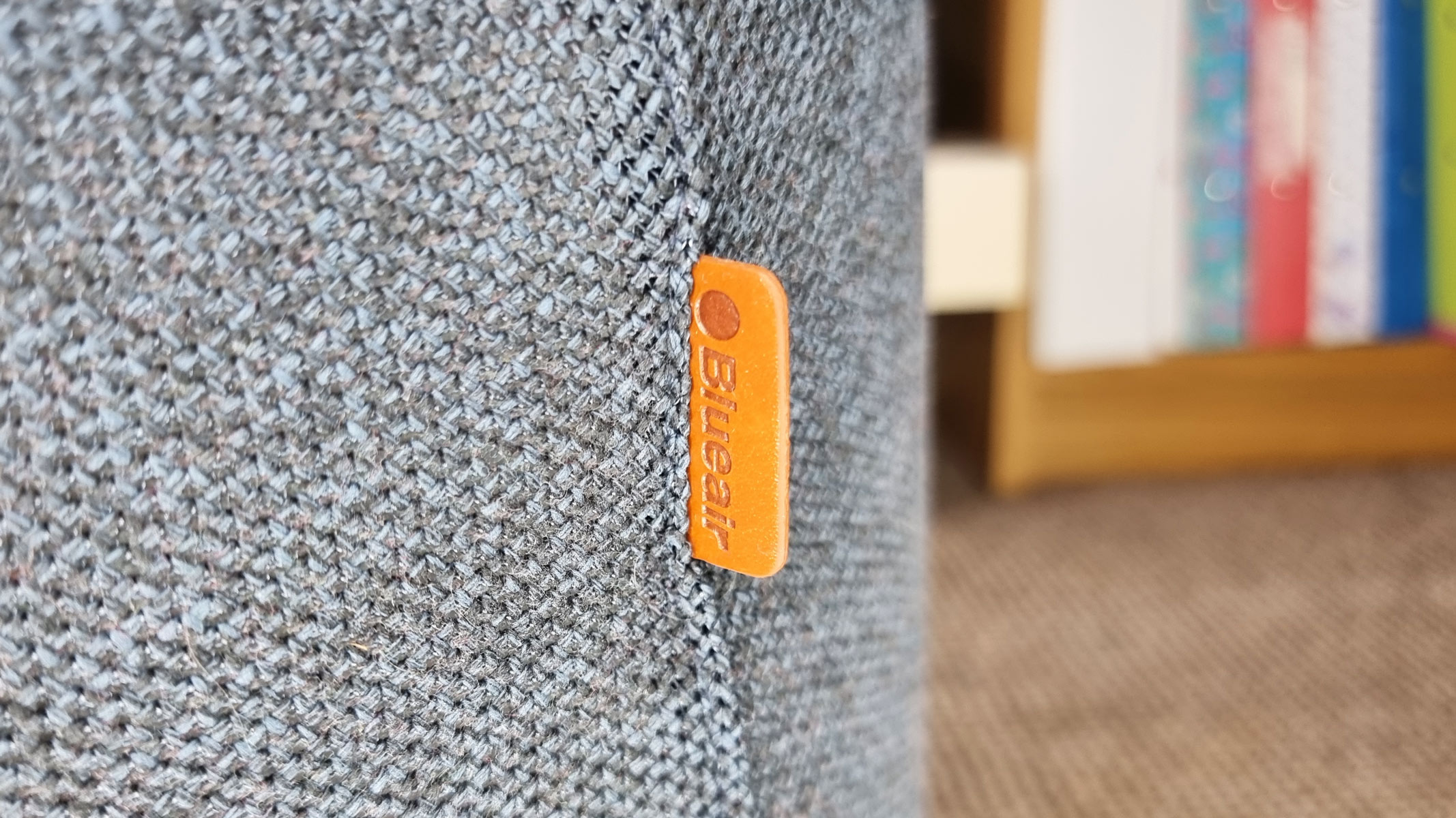 A close-up picture of the Blueair label on the Blueair Blue Signature air purifier