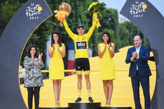 Chris Froome on podium in Paris after stage 21 of the Tour de France