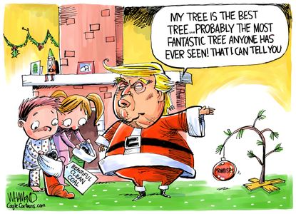 Political cartoon U.S. Trump Christmas tree campaign promises stockings coal