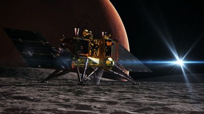 An artist's impression of the MMX probe landing on Phobos with Mars in the background