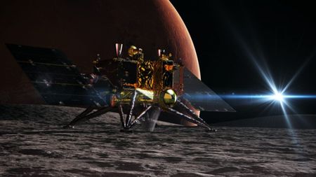 An artist's impression of the MMX probe landing on Phobos with Mars in the background
