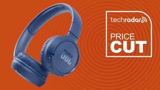JBL Tune 510BT Bluetooth Headphones in blue on orange background with TechRadar price cut sign