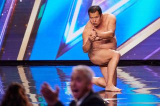Tony doing his naked poses in BGT