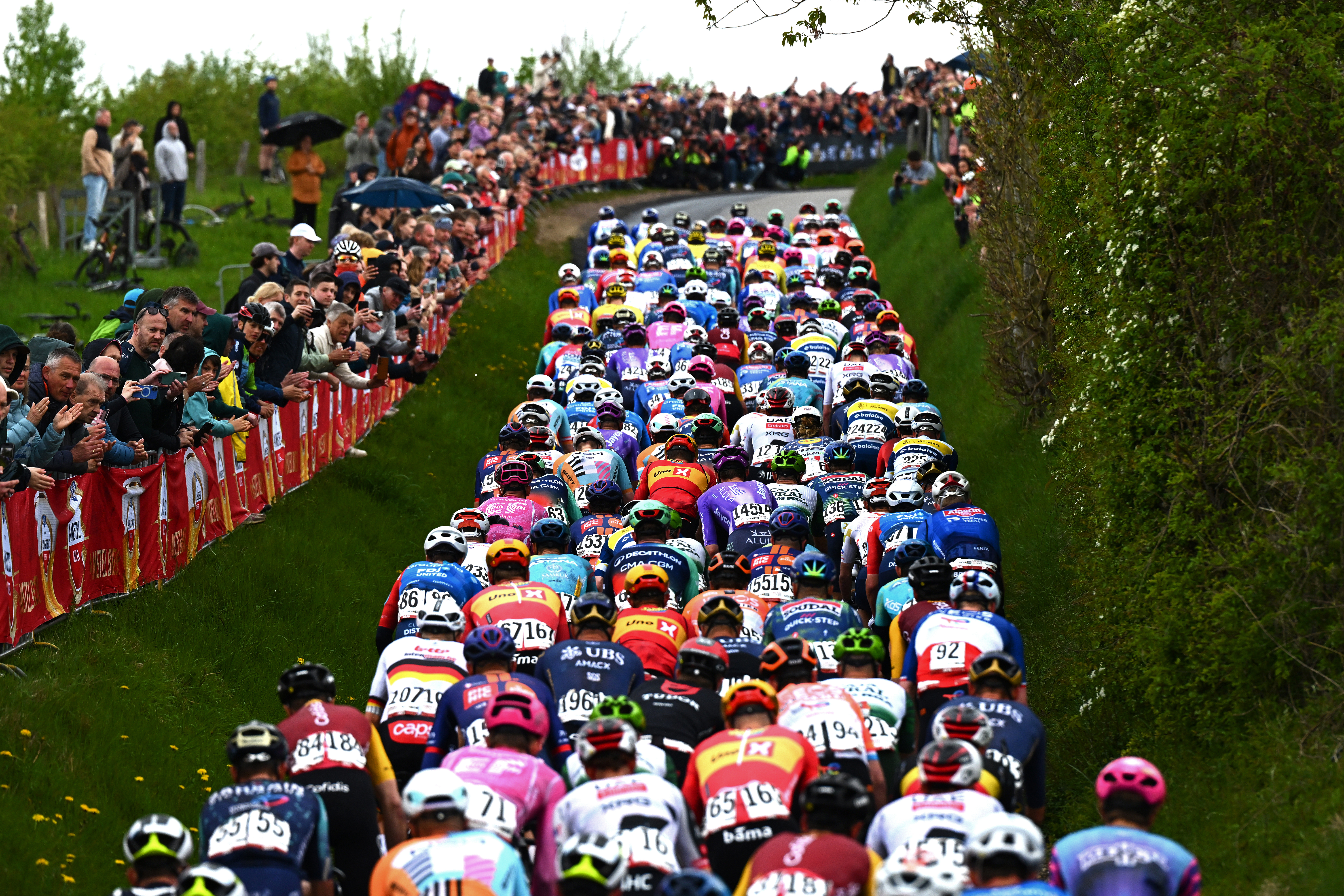 VALKENBURG, NETHERLANDS - APRIL 19: A general view of the peloton climbing the Gulperbergweg hill while fans cheer during the 60th Amstel Gold Race 2026 - Men&amp;apos;s Elite a 257.2km one day race from Maastricht to Valkenburg / #UCIWT / on April 19, 2026 in Valkenburg, Netherlands. (Photo by Dario Belingheri/Getty Images)