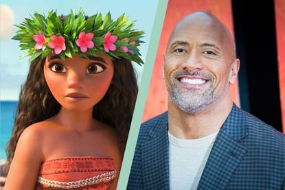 a split template showing a still from Moana and actor Dwayne Johnson