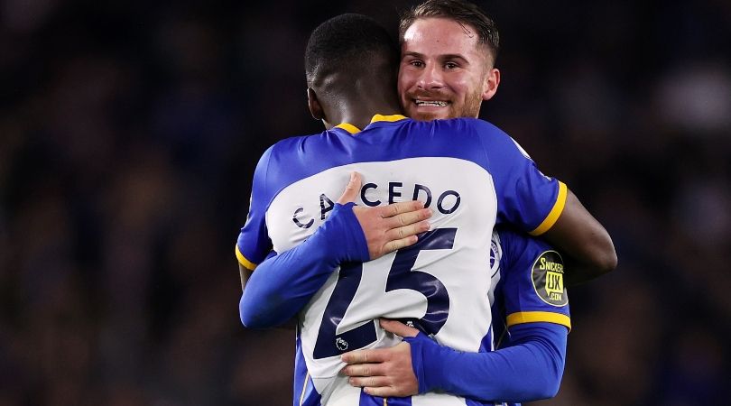 Alexis Mac Allister and Moises Caicedo celebrate after Brighton&#039;s win over Manchester United in May 2023.