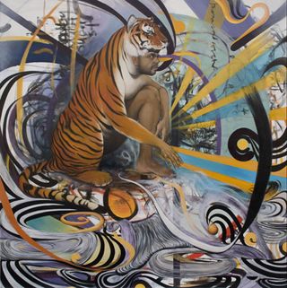 A tiger morphing into a human and surrounded by black and white swirling lines