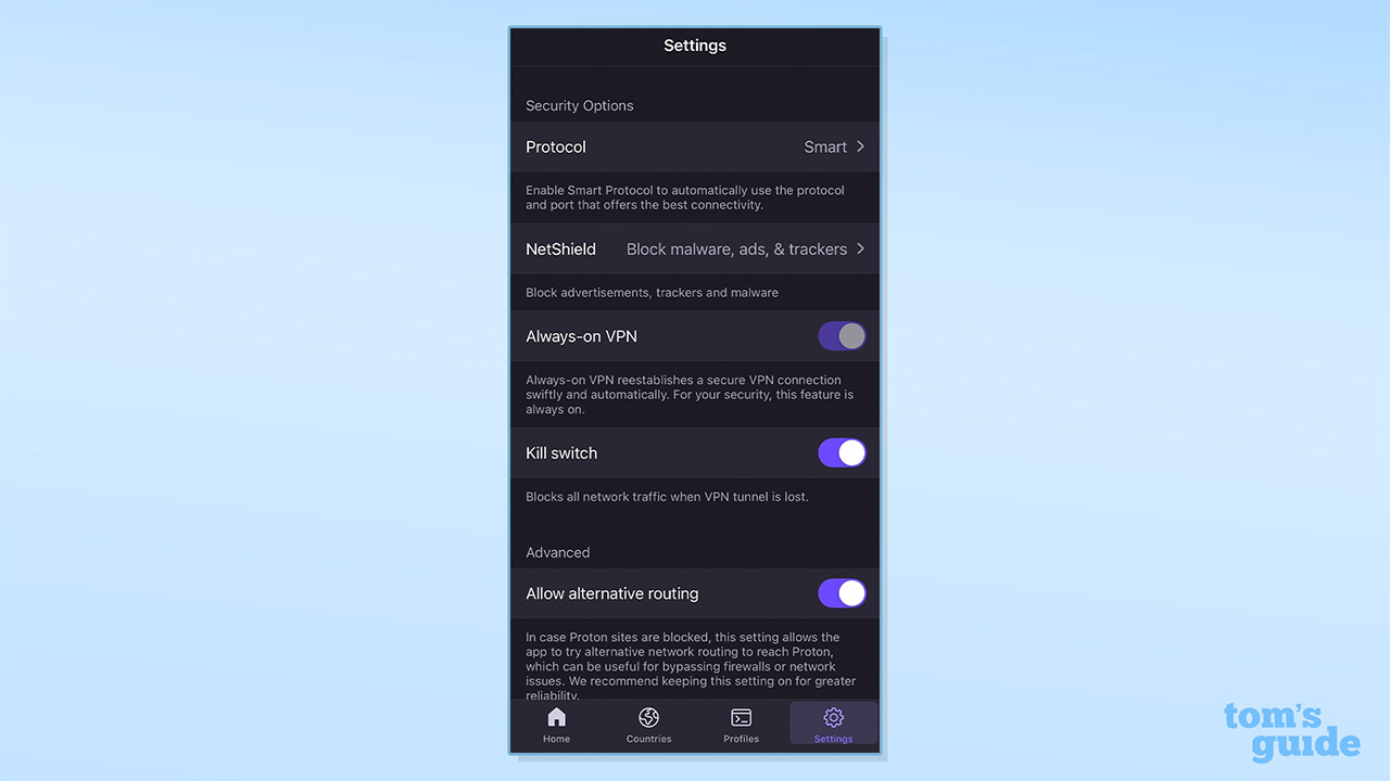 Screenshot of Proton VPN settings showing "Always-on VPN."