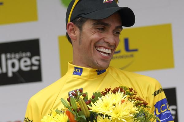 All smiles from Alberto Contador as he remains in yellow for another day.