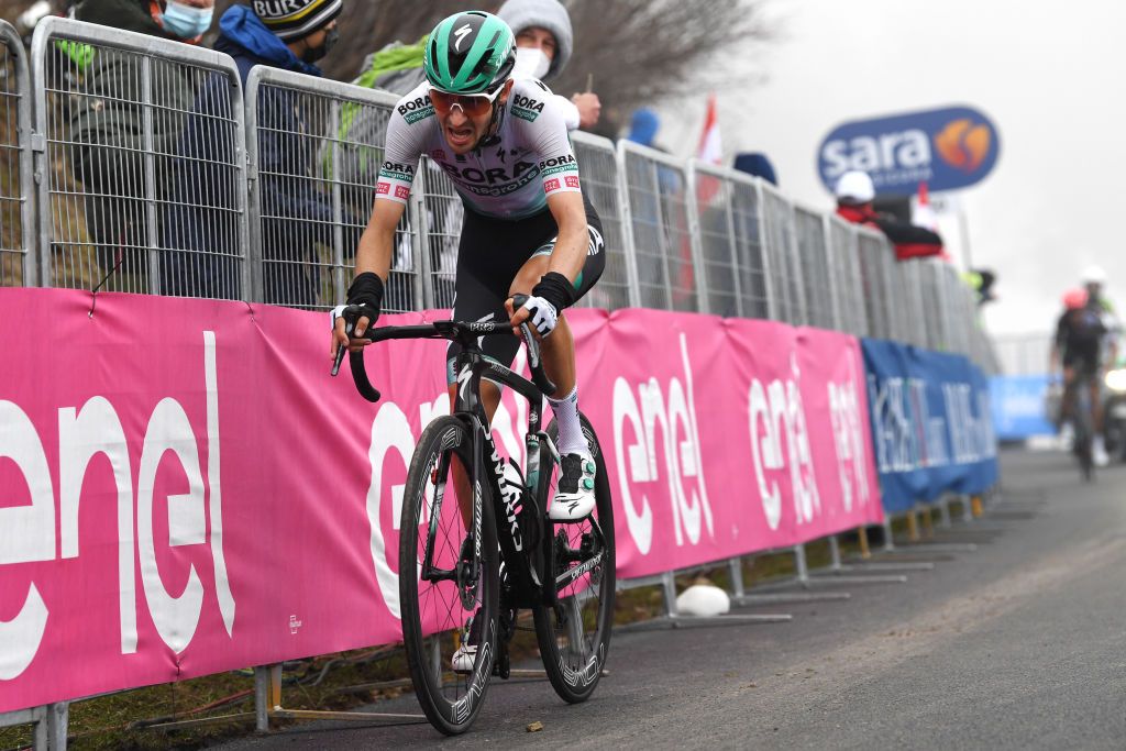 MONTE ZONCOLAN ITALY MAY 22 Emanuel Buchmann of Germany and Team Bora Hansgrohe at arrival during the 104th Giro dItalia 2021 Stage 14 a 205km stage from Cittadella to Monte Zoncolan 1730m UCIworldtour girodiitalia Giro on May 22 2021 in Monte Zoncolan Italy Photo by Tim de WaeleGetty Images