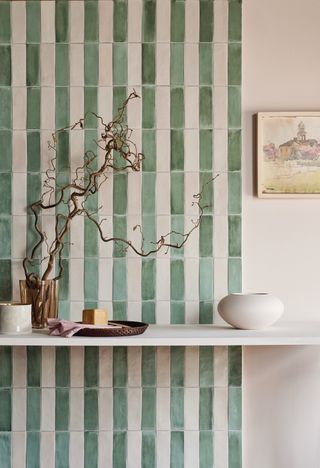 Green and white striped wall tiles