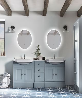 modern bathroom with blue double sink unit